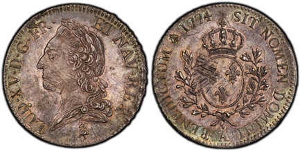 1083505 FRANCE. Louis XV. (King, 1715-1774). 1774-A AR Ecu. PCGS MS63.  Paris. 41mm. 29.4gm. LUD · XV · D · G · FR · ET · NAV · REX ·. Laureate head left / SIT NOMEN DOMINI BENEDICTUM. Crowned round arms of France within branches. KM 551.1; Dav.-1...