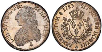 1084158 FRANCE. Louis XVI. 1783-A (p) AR Ecu. PCGS MS64.  Paris. LUD · XVI · D · G · FR · ET NAV · REX ·. Uniformed bust left, B • DU VEV on truncation / SIT NOMEN DOMINI BENEDICTUM (lyre). Crowned arms of France within branches. KM 564.1; Gad.-35...