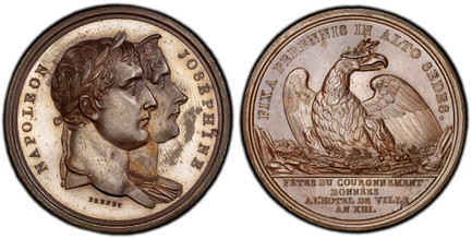 1083340 FRANCE. Napoleon I & Joséphine de Beauharnais. (Emperor, 1804-1814 and 1815). AN XIII (1804) Bronzed AE Medal. PCGS SP Genuine - UNC Details Tooled.  By N.G.A. Brenet. Paris. Edge: Plain. 34mm. Conjoined laureate and diadem busts, right; s...