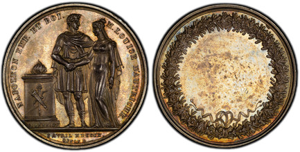 1083481 FRANCE. Napoleon I. (Emperor, 1804-1815). MDCCCX (1810) AR Medal. PCGS SP63.  By Jouanin and Denon (Dir.). Edge: (hallmark). 40mm. 32.08gm. NAPOLEON EMP. ET ROI - M. LOUISE D'AUTRICHE. – JOUANNIN// I. AVRIL MDCCCX. The bridal couple next t...