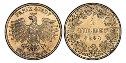 1083187 GERMAN STATES. Frankfurt Am Main. 1840 AR Gulden. PCGS MS64.  10.62gm. FREIE STADT, FRANKFURT below. Crowned eagle / Denomination and date within oak wreath. KM 316; Jaeger 22; AKS 11.

Please use this link to verify the PCGS certification...