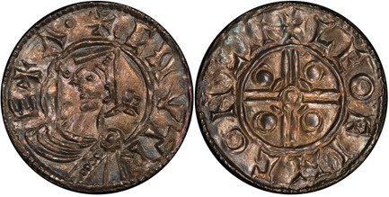 1084733 GREAT BRITAIN. England. Cnut. (King, 1016-1035). (1024-30) Leofing AR Penny. PCGS MS64.  Lincoln Mint. 18mm. + • CNUT R - EX A •. Bust left, wearing pointed helmet; trefoil-tipped scepter before, cross to right / + LEOFINC ON LIN. Voided s...