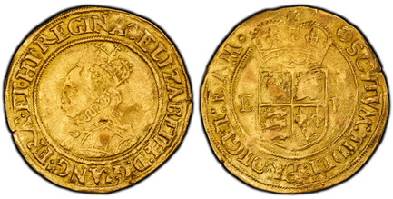 1084072 GREAT BRITAIN. England. Elizabeth I. (Queen, 1558-1603). (1565)-(Rose) AV Halfpound. PCGS XF45.  London (Tower) mint. 5.55gm. Crowned bust left in simpler dress; ear covered with hair / Crowned square topped shield of arms; 'E' and 'R' fla...