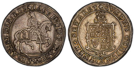 1084084 GREAT BRITAIN. England. James I. (King, 1603-25). (1624) ND-(Trefoil) AR Crown. PCGS AU50.  London mint. The king, holding sword and reins, riding caparisoned horse trotting to the right / Garnished square-topped shield of arms. SCBC-2665;...