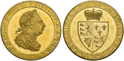 1084637 GREAT BRITAIN. George III. (King, 1760-1820). 1798 Gilt CU Pattern Guinea. NGC PR64UCAM (Ultra Cameo).  By C. H. Kuchler. Soho mint. Laureate head right / Crowned 'spade' type coat of arms; 17 98 in exergue in incuse. cf. KM Pn64; ESC-109;...