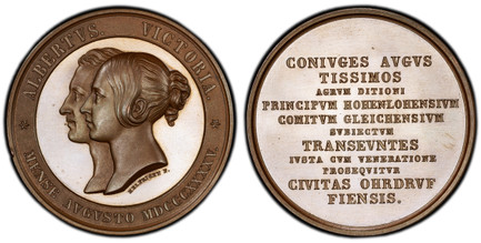 1083209 GREAT BRITAIN. Victoria & Albert. (Queen, 1837-1901). 1845 AE Medal. PCGS SP65BN (Brown).  By F.F. Helfricht. Edge: Plain. 39mm. 26.34gm. Conjoined busts of Queen Victoria and Prince Albert, left / Eleven-line inscription. BHM 2203; BDM II...