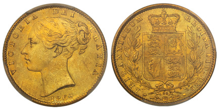 1083910 GREAT BRITAIN. Victoria. (Queen, 1837-1901). 1869 AV Sovereign. PCGS MS65+.  VICTORIA DEI GRATIA. Head left / BRITANNIARUM REGINA FID: DEF:. Die number below wreath. KM 736.2; SCBC-3853.

Die #28.

Please use this link to verify the PCGS c...