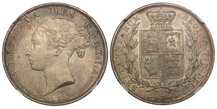 1083834 GREAT BRITAIN. Victoria. 1883 AR Halfcrown. NGC MS64.  Edge: Reeded. VICTORIA DEI GRATIA. Second young head left / BRITANNIARUM REGINA FIE: DEF:. Crowned arms within branches. KM 756; SCBC-3889; ESC-2762 (Prev. ESC-711).

Please use this l...