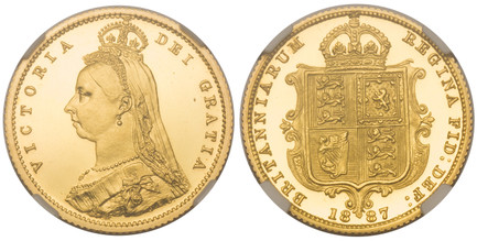 1084639 GREAT BRITAIN. Victoria. (Queen, 1837-1901). 1887 AV Half-Sovereign. NGC PR64UCAM (Ultra Cameo).  VICTORIA DEI GRATIA. Jubilee head, bust left wearing small crown and veil / BRITANNIARUM REGINA FID: DEF:. Without die number. KM 766; SCBC-3...