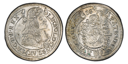 1082834 HUNGARY. Leopold I. 1678-KB IS AR 15 Krajczar (XV Kreutzer). PCGS MS64.  Nagybanya. Bust laureate right, legends on scroll / Radiant Madonna and child, legends on scroll. KM 175.

Please use this link to verify the PCGS certification numbe...