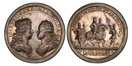 1083157 HUNGARY. Maria Theresia. (Holy Roman Empress, 1740-1780) . 1764 AR Medal. PCGS MS62.  By A. Widemann. 36mm. 17.51gm. The crowned and armored bust of Joseph II and the bust of Leopold facing each other, both wearing cloaks and the ribbon of...