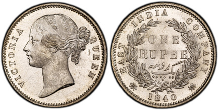 1083813 INDIA-BRITISH. Victoria. 1840-(C or B) AR Rupee. PCGS MS64.  (Calcutta or Bombay). VICTORIA QUEEN. Head left, W.W. raised, legend divided / EAST INDIA COMPANY. Value within wreath, date below, small diamonds. KM 458.1; S&W 3.33.

Please us...