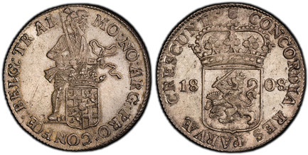 1083524 NETHERLANDS. Batavian Republic. Louis Napoléon. (King, 1806-1810). 1808-(shield) AR Rijksdaalder. PCGS MS64.  Utrecht. Edge: Slant-reeded. MO:NO:ARG:PRO:CONF:BELG:TRAI:. Standing armored knight, crowned shield by legs / CONCORDIA RES PARVA...