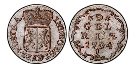 1083095 NETHERLANDS. Gelderland. 1794 CU Duit. PCGS MS63BN (Brown).  3.39gm. INDEO · EST · SPES · NOSTRA ·. Crowned arms of Gelderland / *D*/GEL/RIAE. Inscription, date within ornamented border. KM 108; PW 1020; CNM 2.17.198.

Please use this link...