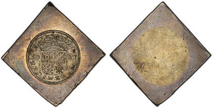 1083116 NETHERLANDS. Groningen And Ommeland. 1672 AR Uniface Klippe 50 Stuivers. PCGS MS62.  228.878.85gm. IVRE ET TEMPORE. Large crowned provincial arms of Groningen. KM 27.2; CNM 2.20.2; HPM Go 17; Maill. 44.6-10; Delmonte 736.

Siege Coinage. G...