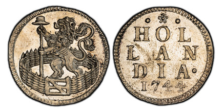 1082882 NETHERLANDS. Holland. 1744 AR Duit. PCGS MS62.  Standing lion holding spear within closed "Dutch" garden / HOL/ LAN/ DIA / date. Inscription above date. KM 80a.

Please use this link to verify the PCGS certification number <a href="http://...