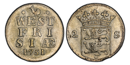 1082891 NETHERLANDS. West Friesland. 1751 Rooster AR 2 Stuivers, Double Wapenstuiver. PCGS MS64.  Crowned arms of West Friesland / WEST/FRI/SIÆ/. Inscription, date. KM 106.2.

Please use this link to verify the PCGS certification number <a href="h...