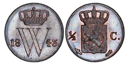 1083066 NETHERLANDS. William II. 1843-(lis) (caduceus) CU 1/2 Cent. PCGS MS65BN (Brown).  Crowned W divides date / Crowned arms divides value. KM 68; Sch.-539.

Please use this link to verify the PCGS certification number <a href="http://www.pcgs....