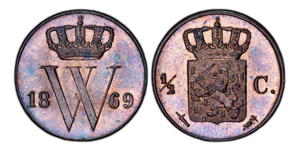 1083675 NETHERLANDS. William III. 1869 CU 1/2 Cent. PCGS MS65RB (Red-Brown).  Crowned W divides date / Crowned arms divides value. KM 90. Sword.

Please use this link to verify the PCGS certification number <a href="http://www.pcgs.com/cert/612202...