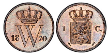 1083681 NETHERLANDS. William III. 1870 CU Cent. PCGS MS65RB (Red-Brown).  Crowned W divides date / Crowned arms divides value. KM 100. Sword.

Please use this link to verify the PCGS certification number <a href="http://www.pcgs.com/cert/61220241/...