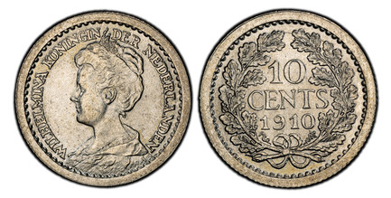 1083687 NETHERLANDS. Wilhelmina I. 1910 AR 10 Cents. PCGS MS65.  Edge: Reeded. Small head left with continuous legend / Value within wreath. KM 145.

Please use this link to verify the PCGS certification number <a href="http://www.pcgs.com/cert/61...