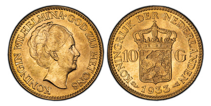 1083694 NETHERLANDS. Wilhelmina I. (Queen, 1890-1948). 1933 AV 10 Gulden. PCGS MS65.  Edge: Reeded. Head right / Crowned arms divide value. KM 162.

Please use this link to verify the PCGS certification number <a href="http://www.pcgs.com/cert/612...