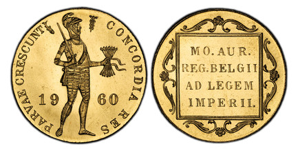 1083073 NETHERLANDS. Beatrix. 1960-(fish) (caduceus) AV Ducat. PCGS PL67 (Prooflike).  Utrecht. Edge: Reeded. Knight with right leg bent divides date / Inscription within decorated square. KM 190.1; Sch.-1078.

Rare date, with a low mintage report...