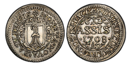 1083462 SWISS CANTONS. Basel. Johann Conrad II. 1708 Billon Assis. PCGS Genuine - UNC Details Cleaned.  MONETA·NOVA·BASILEENSIS. Shield of arms of Basel within inner circle; legend around / DOMINE·CONSERVA·NOS·IN·PACE// ASSIS/ *(date)*. Denominati...