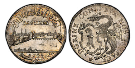 1083443 SWISS CANTONS. Basel. 1740 AR 1/4 Thaler. PCGS MS63.  6.46gm. City view and date below assorted shields / DOMINE CONSERVA NOS IN PACE. Winged dragon with large arms of Basel at lower left. KM 143; Divo/Tobler 768; HMZ 2-102c; Winterstein 1...