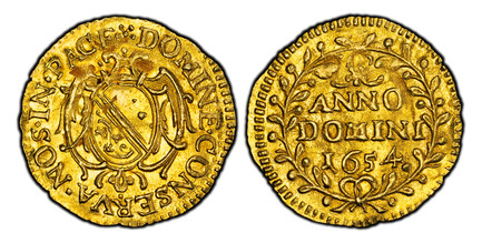 1083452 SWISS CANTONS. Zurich. 1654 AV 1/4 Ducat. PCGS MS63.  0.85gm. * DOMINE • CONSERVA • NOS • IN • PACE. Ornate oval shield of arms / ANNO/ DOMINI/ (date). Date within wreath. KM 83; Friedberg 466; HMZ 2-1144f; D.T. 1059c.

Please use this lin...