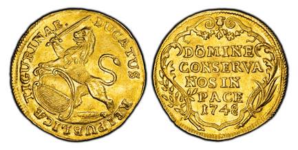 1083453 SWISS CANTONS. Zurich. 1748/45 AV Ducat. PCGS MS61.  3.46gm. REIPUBLICÆ TIGURINAE · DUCATUS. Oval arms of Zurich supported by rampant lion at right / DOMINE / CONSERVA / NOS IN / PACE. Inscription, date within ornamented wreath. KM 140; Fr...