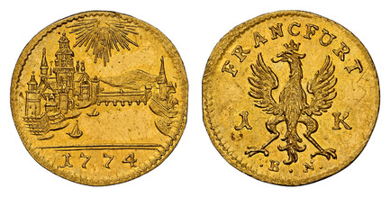 1084030 GERMAN STATES. Frankfurt Am Main. 1774-BN BN AV Off Metal 1/3 Ducat or Pattern Kreuzer. NGC MS63✭.  Crowned eagle with displayed wings and head left divides denomination 1 - K / Radiant triangle above city view; date below. KM Pn58; Unlist...