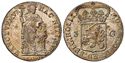 1082905 NETHERLANDS. Batavian Republic. 1800 AR 3 Gulden. NGC MS64.  MO:ARG:ORG:FAED:BELG:HOL(L):. / HAC NITIMVR-HANC TVEMVR. Standing maiden with spear, date below. KM 9.2; Scholten 83; Dav.-224.

Please use this link to verify the NGC certificat...