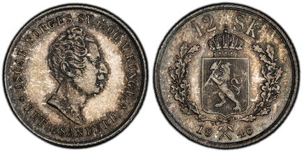 1082949 NORWAY. 1846 AR 12 Skilling. PCGS MS65.  OSCAR NORGES... Head right / Crowned arms within 3/4 wreath, crossed hammers divides date below, value above. KM 314.1; NM-25.

Standard Coinage. Plain border.

Please use this link to verify the PC...