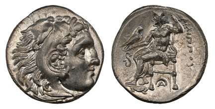 1080232 GREEK. KINGDOM OF MACEDON. Philip III Aridaeus. (King, 323-317 BC). Early posthumous issue, struck circa 323-318/7 BC. AR Drachm. NGC Ch. MS (Choice Mint State) Strike 4/5 Surface 5/5.  Lampsacus. 17mm. 4.31gm. Head of Herakles right, wear...