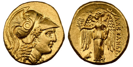 1084597 GREEK. KINGDOM OF MACEDON. Alexander III, 'the Great'. (King, 336-323 BC). Lifetime issue, struck 332-323 BC. AV Stater. NGC Ch. AU (Choice About Uncirculated) Strike 5/5 Surface 4/5.  Salamis. 18mm. 8.57gm. Head of Athena right wearing cr...