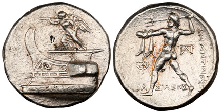 1085480 GREEK. KINGDOM OF MACEDON. Demetrios I Poliorketes. (King, 306-283 BC). Struck circa 298-295 BC. AR Tetradrachm. NGC AU (About Uncirculated) Strike 5/5 Surface 3/5 Fine Style.  Tarsus. 17.07gm. Nike standing to left on prow of galley to le...
