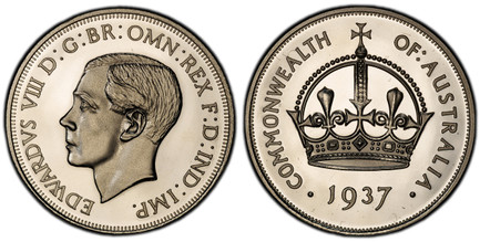 1083844 AUSTRALIA. Edward VIII. (King, 20 January 1936 - 11 December 1936, Abdicated). 1937 Platinum Fantasy Pattern Crown. PCGS PR64DCAM (Deep Cameo).  32.6gm. Bust, left / Crown; date below. KM X-M15; Giordano FC-11 Variant (Platinum).

Exceedin...