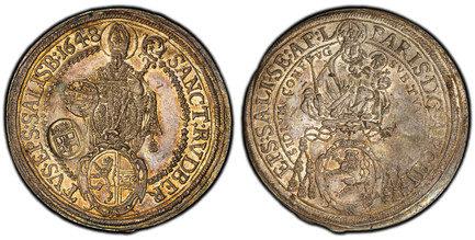 1084401 AUSTRIAN STATES. Salzburg. Paris von Lodron. (Prince-Archbishop, 1619-1653). 1681 (1648) AR Thaler. PCGS MS62 C/M Unc Details.  (16S81 over shield of arms). Madonna above shield of arms / St. Rupert standing facing. KM 87; Davenport 3504; ...