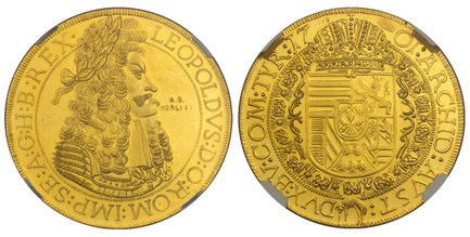 1085029 AUSTRIA. Leopold I. 1701// A.D. MCMKIII (1953) IAK AV Restrike Medallic Thaler of 4 Ducats Weight. NGC MS62.  Hall. Edge: Plain. LEOPOLDVS · D: G: ROM: IMP: SE: A: G: H: B: REX ·. Old laureate bust right in inner circle; stamped MCMLIII / ...