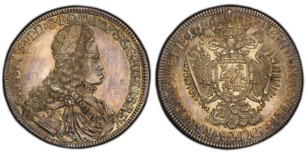 1083832 AUSTRIA. Karl (Charles) VI. 1716/5 AR Thaler. PCGS MS63.  Hall. CAROLUS · VI · D: G: ROM: IMP: S: A: G: HI: HU: B: REX. Legend begins at lower left / ARCHIDUX · AVSTRIÆ · DUX · BVRG: COM: TYROLIS ·. Imperial double eagle with arms on breas...