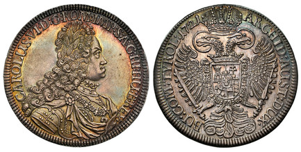 1084406 AUSTRIA. Karl (Charles) VI. 1721 AR Thaler. NGC MS62.  Hall. 42mm. CAROLUS · VI · D: G: ROM: IMP: S: A: G: HI: HU: B: REX ·. Legend begins at lower left / ARCHID: AUST: DUX · BU: COM: TYROL:. Legend divided by large crowned imperial eagle....
