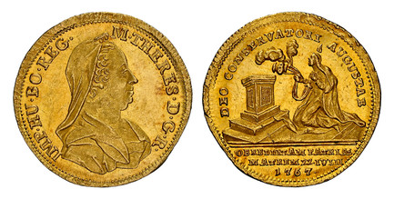 1085198 AUSTRIA. Maria Theresa. 1767 AV Medal of 3/4 Ducat Weight. NGC MS64.  Vienna. 21.3mm. 2.61gm. Bust, right / Draped figure kneeling and praying before an altar. cf. Montenuovo 1979 (in silver).

Struck to commemorate the Empress' recovery f...