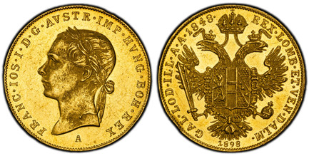 1083323 AUSTRIA. Franz Joseph I. (Emperor, 1848-1916). 1848/1898-A AV Ducat. PCGS MS61.  Vienna. Laureate head left / Second date below eagle. KM 2268; Fr.-489.

Struck to commemorate the 50th Jubilee.

Please use this link to verify the PCGS cert...