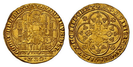 1079251 BELGIUM. Flanders. Louis II de Mâle. (Count, 1346-1384). (1346-84) AV Chaise d'Or. NGC MS65.  Ghent or Mechelen. 29mm. 4.48gm. + LVDOVICVS : DЄI xx GRΛ xCOM' x ? : DnS : FLΛnD'. Count seated facing on Gothic throne, a sword in his right ha...