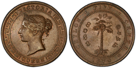 1084719 CEYLON. Victoria. (Queen, 1837-1901). 1870 CU 5 Cents. PCGS MS65BN (Brown).  QUEEN VICTORIA. Head left within circle / Tree within circle. KM 93.
Currently the finest known at PCGS as of October 2025. 

Please use this link to verify the P...