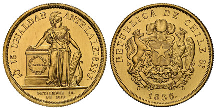 1084616 CHILE. Republic. 1836 I.J. Copper Gilt Pattern 8 Escudos. NGC UNC Details Brushed.  Santiago. Edge: Reeded. Allegorical standing figure next to a column inscribed within a wreath; looking to her left / Arms with supporters; date in exergue...