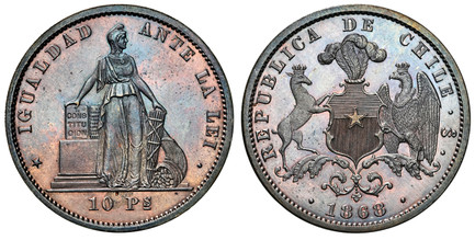 1085556 CHILE. 1868 CU Pattern 10 Pesos. NGC PR63BN (Brown).  Santiago mint noted but possibly struck at the Philadelphia Mint. Standing allegorical figure of Liberty as Pallas Athene at an altar / Plumed shield of arms with supporters to either s...