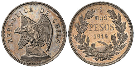 1085468 CHILE. 1914-So AR Pattern 2 Pesos. NGC MS60.  Santiago. Condor surmounted on rock, left / Denomination and date within wreath; hammer and sickle below. KM Unlisted (KM Pn27 variant (listed as piefort with smal flan)l .

Struck to a proofli...