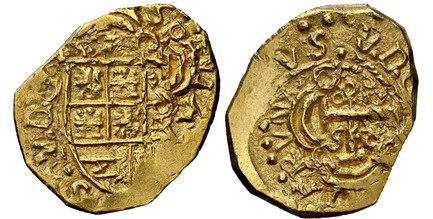 1084007 COLOMBIA. Philip V/Charles II transitional. (1700-13) ND AV 2 Escudos. NGC MS64 Mint Error.  Bogota. 6.70gm. Crowned shield of arms / Cross potent within quadrilobe. KM 14.2; Restrepo-unl; S-B24; KM-14.2; Cal-1933 (under Ph. V); Fr-4a.

Fl...